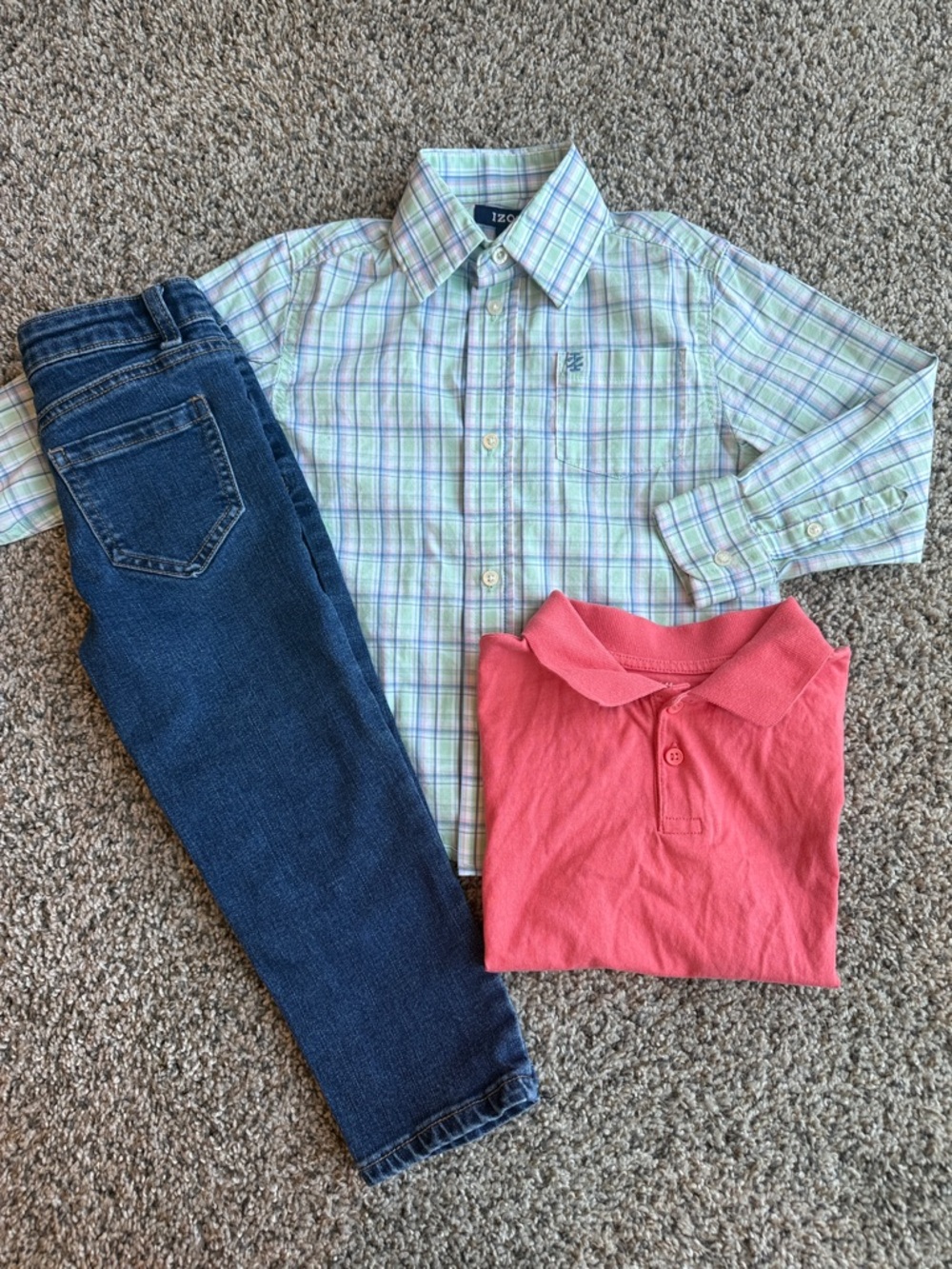 Boys Spring Bundle! Plaid Button-Down Coral Polo and Straight Leg Jeans Sz 4T